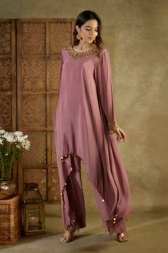 Rose pink assymetrical kurta set