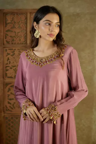 Rose pink assymetrical kurta set