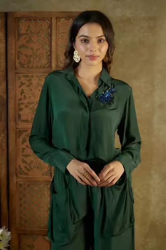 Forest green crop shirt and pant set