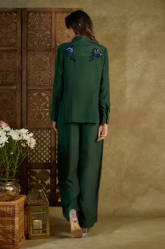 Forest green crop shirt and pant set