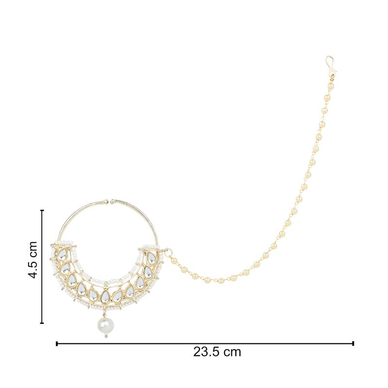 Traditional Ethnic Bridal Nose Ring/Nath Without Piercing with Pearl Chain Encased with Pearl Stone