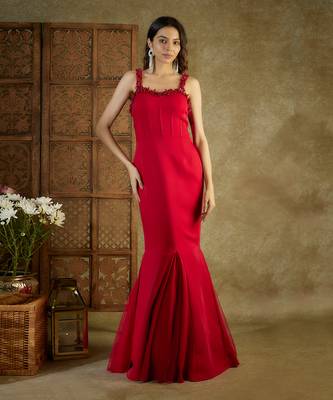 Red embroidered cocktail fish cut gown 1