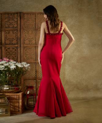 Red embroidered cocktail fish cut gown 3