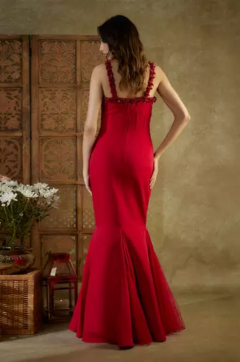 Red embroidered cocktail fish cut gown