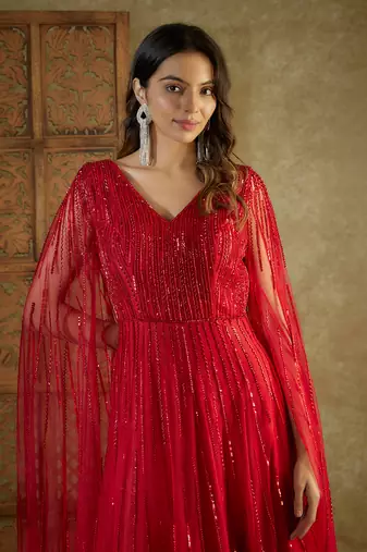 Red embroidered cocktail gown