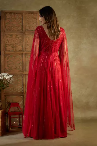 Red embroidered cocktail gown