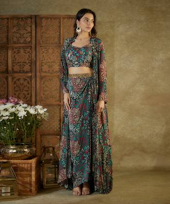 Green printed drape skirt set 1