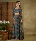 Green printed drape skirt set