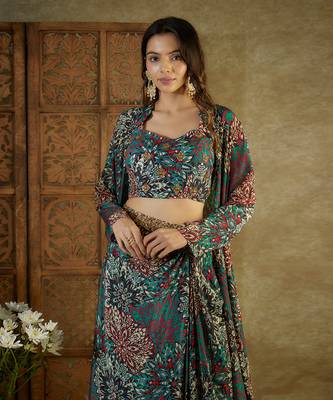 Green printed drape skirt set 2