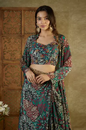 Green printed drape skirt set