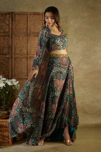 Green printed drape skirt set