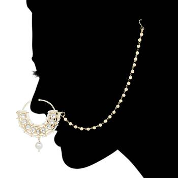 Traditional Ethnic Bridal Nose Ring/Nath Without Piercing with Pearl Chain Encased with Pearl Stone 5