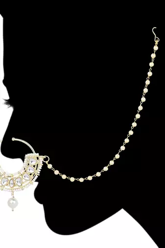 Traditional Ethnic Bridal Nose Ring/Nath Without Piercing with Pearl Chain Encased with Pearl Stone