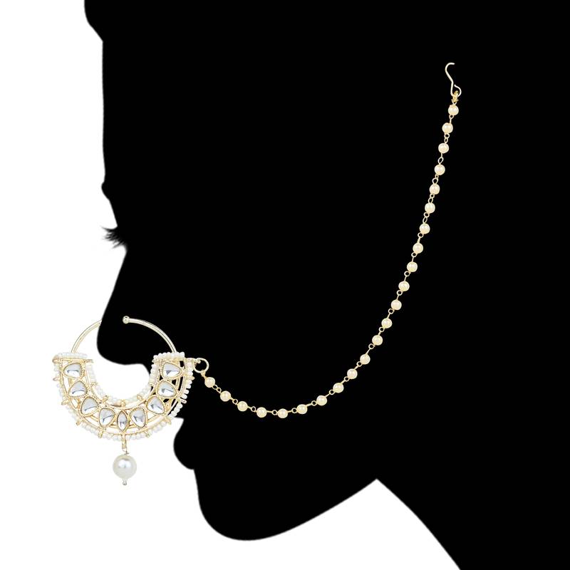 Traditional Ethnic Bridal Nose Ring/Nath Without Piercing with Pearl Chain Encased with Pearl Stone