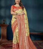 Yellow & Red Banarasi silk blend Saree With Unstitch Blouse Piece