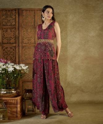 Pink printed pleated dhoti set 1