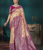 Wine & Beige Banarasi silk blend Saree With Unstitch Blouse Piece