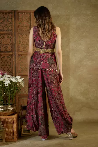 Pink printed pleated dhoti set