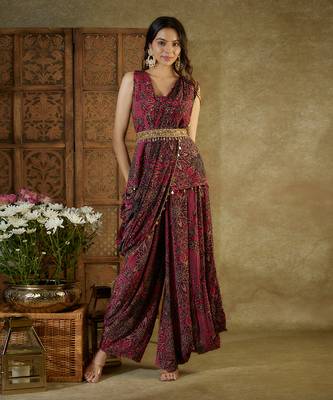 Pink printed draped dhoti set 1