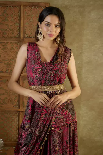Pink printed draped dhoti set