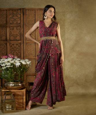 Pink printed draped dhoti set 3