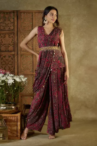 Pink printed draped dhoti set