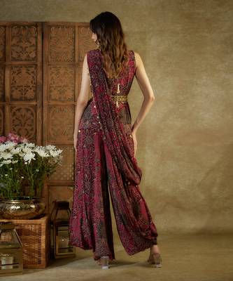 Pink printed draped dhoti set 4