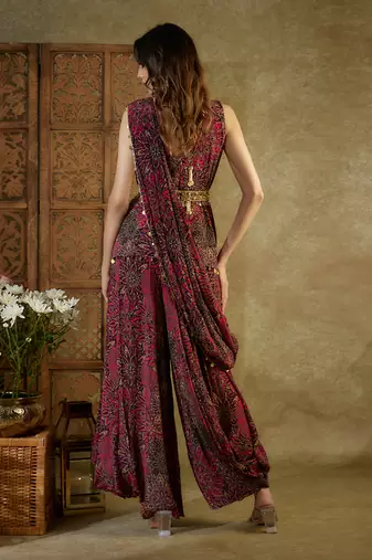 Pink printed draped dhoti set