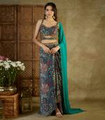 Green printed drape skirt set