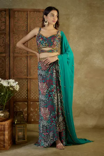 Green printed drape skirt set