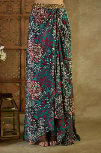 Green printed drape skirt set