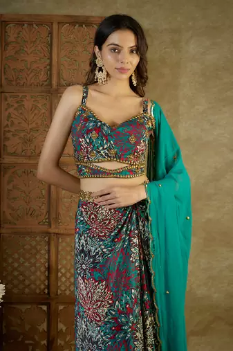 Green printed drape skirt set