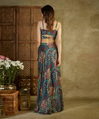 Green printed drape skirt set 5