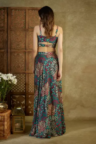 Green printed drape skirt set