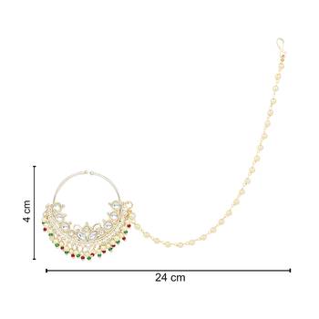 I Jewels Traditional Ethnic Bridal Nose Ring/Nath Without Piercing with Pearl Chain Encased with Pearl Stone 5