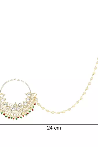 I Jewels Traditional Ethnic Bridal Nose Ring/Nath Without Piercing with Pearl Chain Encased with Pearl Stone