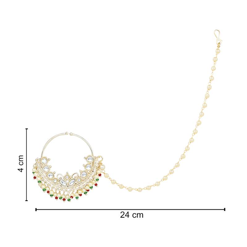 I Jewels Traditional Ethnic Bridal Nose Ring/Nath Without Piercing with Pearl Chain Encased with Pearl Stone