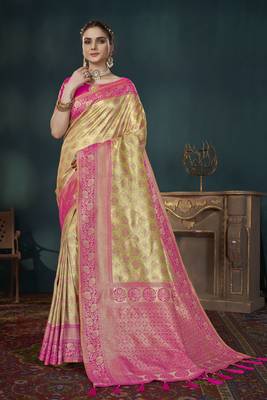 Manohari Yellow & Pink Faux Banarasi Silk Saree With Unstitch Blouse Piece 1