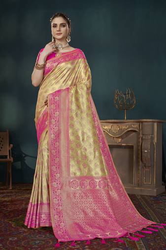 Manohari Yellow & Pink Faux Banarasi Silk Saree With Unstitch Blouse Piece