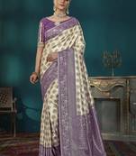 Puirple & Beige Banarasi silk blend Saree With Unstitch Blouse Piece