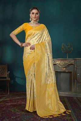 Yellow & Beige Banarasi silk blend Saree With Unstitch Blouse Piece 1
