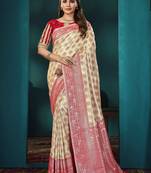 Red & Beige Banarasi silk blend Saree With Unstitch Blouse Piece