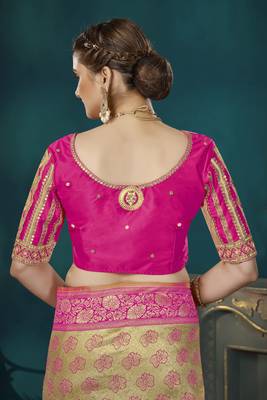 Manohari Yellow & Pink Faux Banarasi Silk Saree With Unstitch Blouse Piece 4