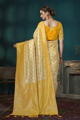Yellow & Beige Banarasi silk blend Saree With Unstitch Blouse Piece 2