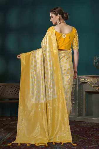 Yellow & Beige Banarasi silk blend Saree With Unstitch Blouse Piece