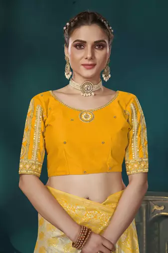 Yellow & Beige Banarasi silk blend Saree With Unstitch Blouse Piece