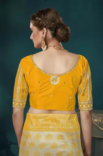 Yellow & Beige Banarasi silk blend Saree With Unstitch Blouse Piece
