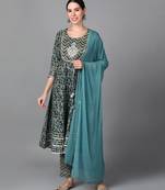 Green Ethnic Motif Printed With Embroidery Work Cotton Stitched Anarkali Kurta pant With Dupatta Set
