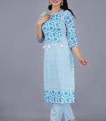 White Floral Printed Work Cotton Stitched  Straight kurta  Pant Set