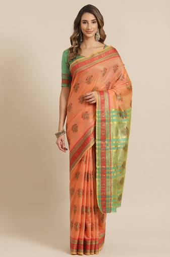 Serona fabrics women's jacquard cotton silk printed saree with blouse
